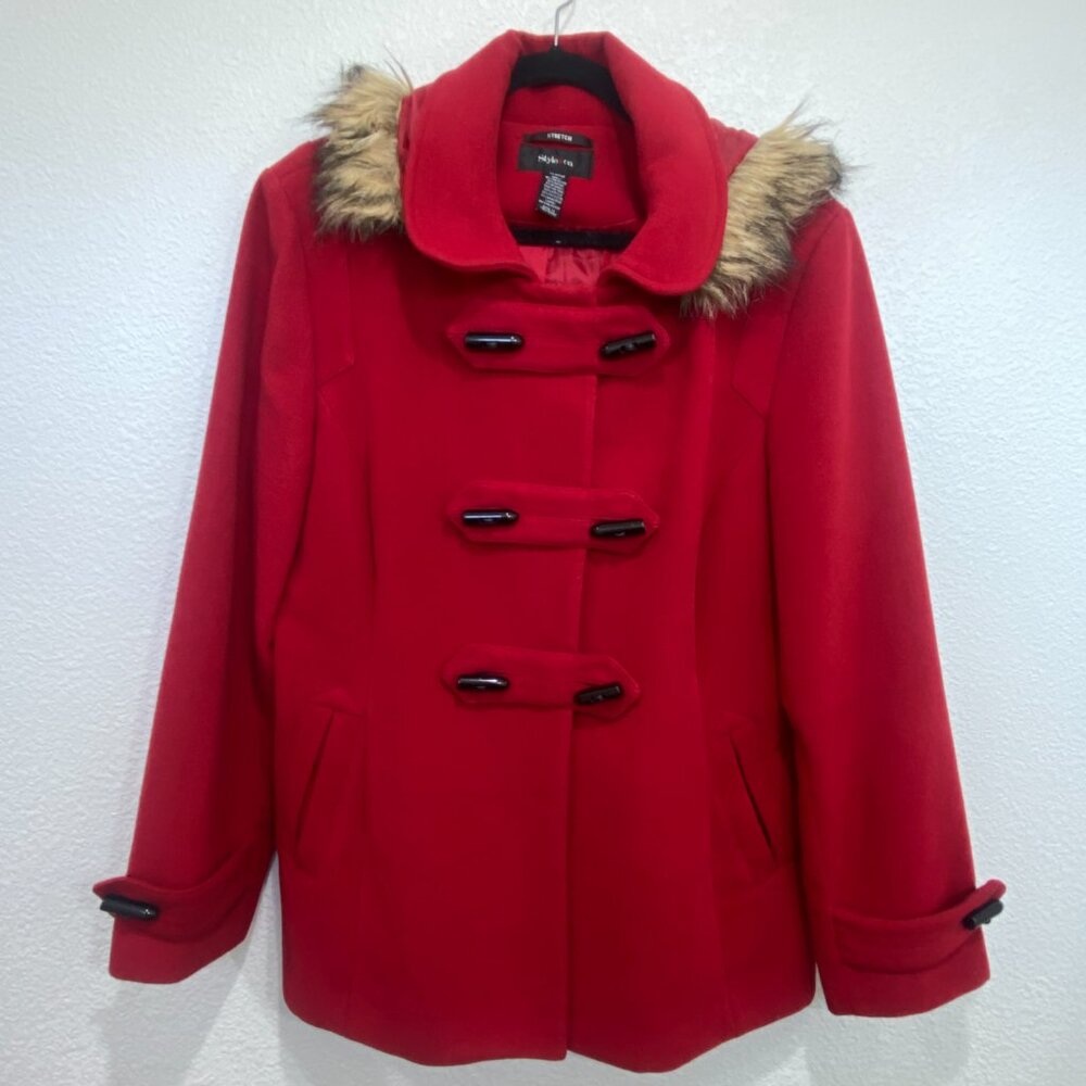 Style & Co Red Wool Blend Toggle Coat Faux Fur Hood XL - Picture 12 of 16